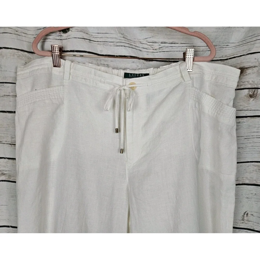 Ralph Lauren White 100% Linen Pants 20W NEW Wide Leg Womens Coastal Drawstring